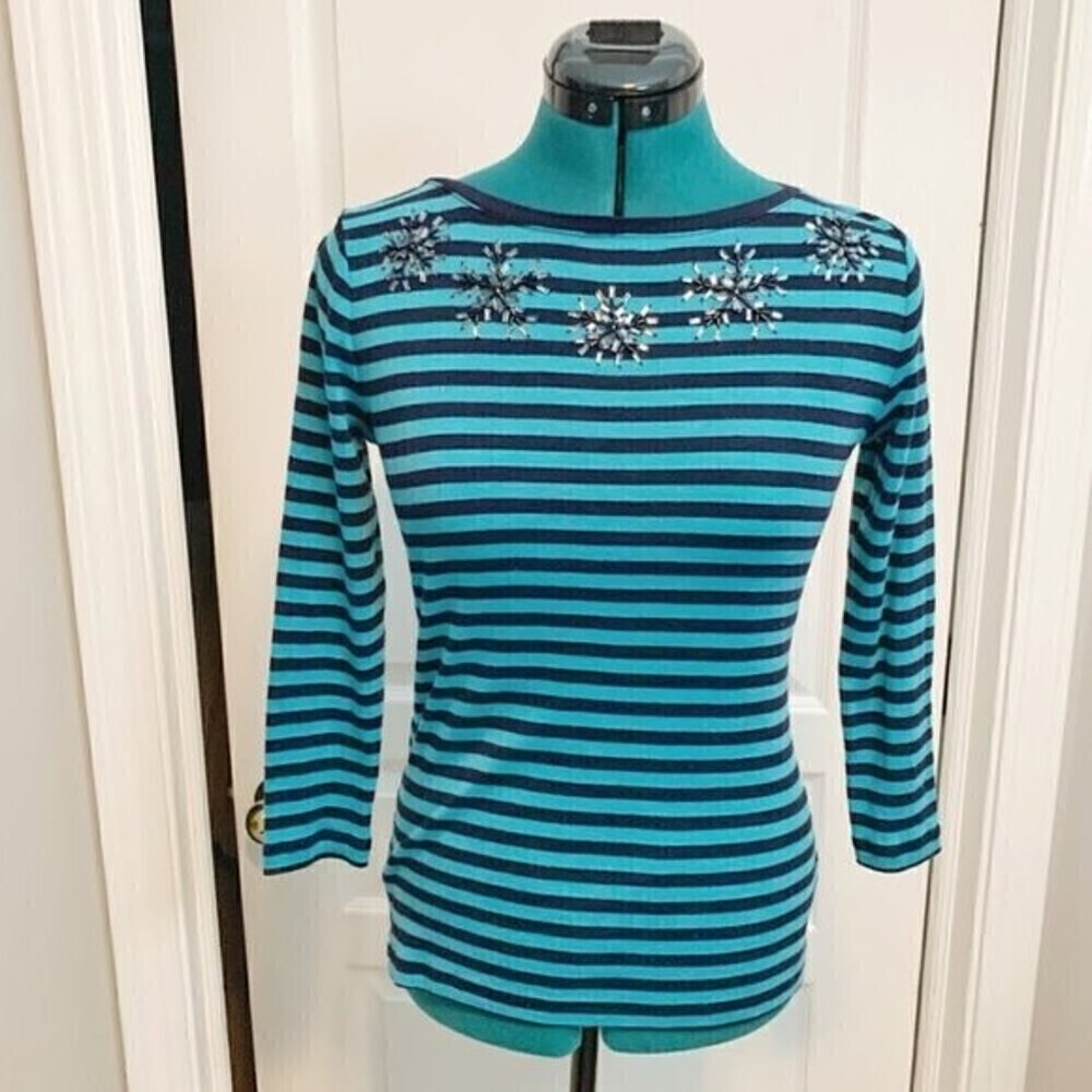 Talbots Petite Nautical Stripe Rhinestone Neck Long Sleeve Crew Neck Shirt